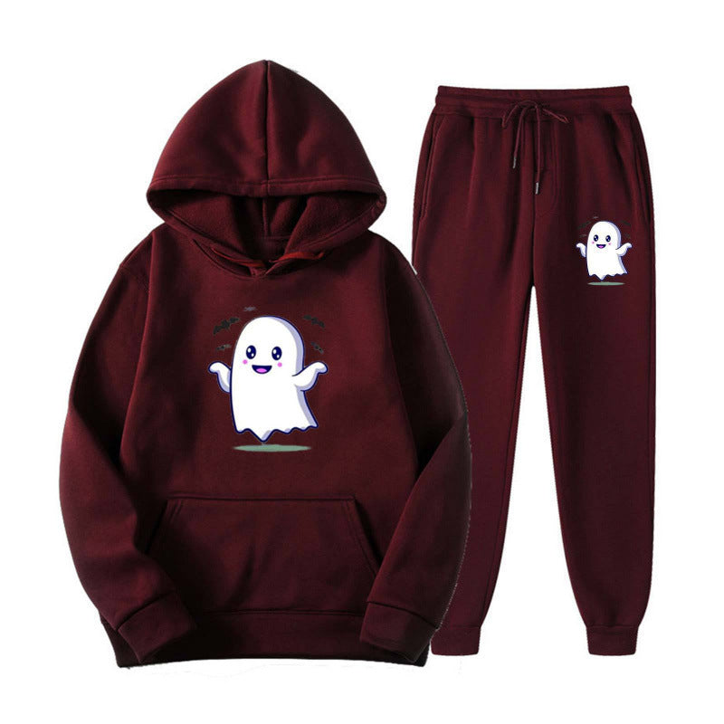 Unisex nan kuscheliger Kapuzenpullover und Jogginghose Set mit Halloween-Geistprint EB