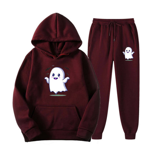 Unisex nan kuscheliger Kapuzenpullover und Jogginghose Set mit Halloween-Geistprint EB