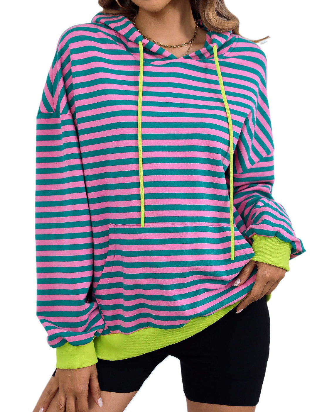 Damen lässiger Kapuzenpullover mit buntem Streifenmuster EB