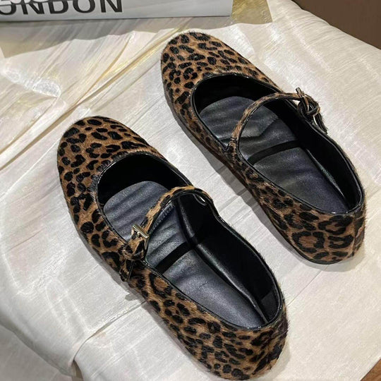 Damen Ballerinas mit elegantem Riemendesign und modischem Leopardenmuster EB