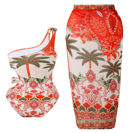 Damen Einteiler Badeanzug mit modischem Cut-Out und passendem Strandrock EB