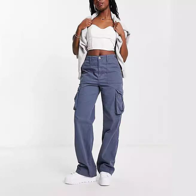 Damen nan weite High-Waist Cargo-Hose mit aufgesetzten Pattentaschen und geradem Bein EB