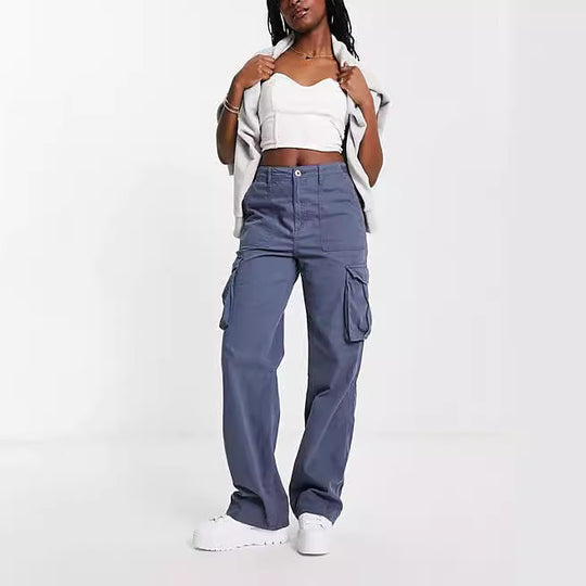 Damen nan weite High-Waist Cargo-Hose mit aufgesetzten Pattentaschen und geradem Bein EB