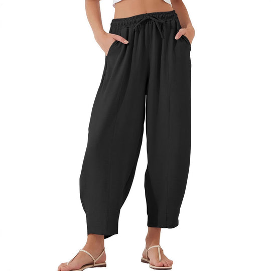 Damen Bequeme, weit geschnittene Sommerhose mit elastischem Bund und seitlichen Taschen EB