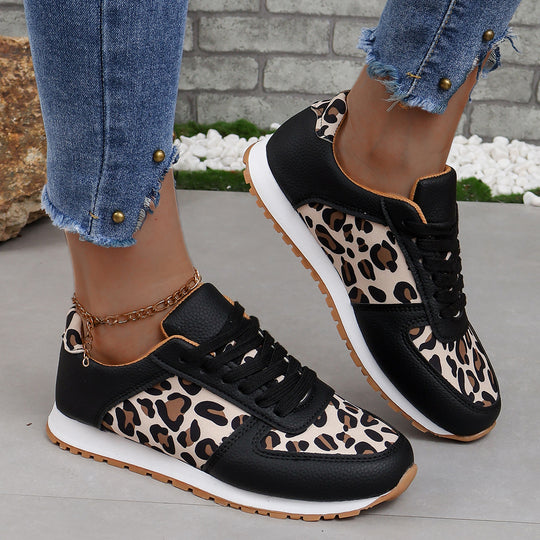 Damen sportliche Leoparden-Print Retro-Sneaker mit gepolstertem Komfortfußbett und profilierter Gummisohle EB