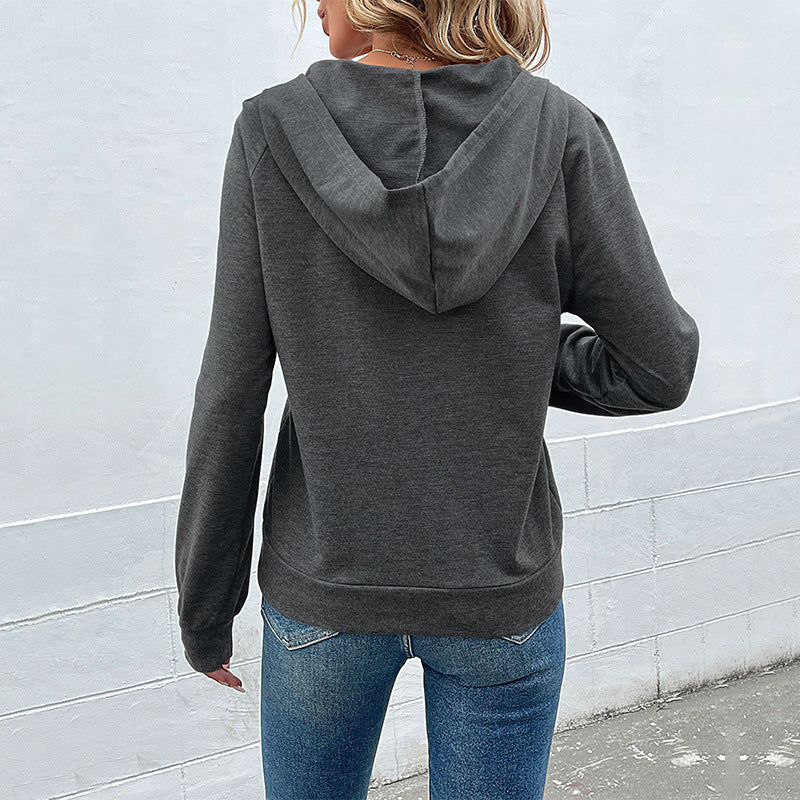 Damen lässiger Kapuzenpullover mit Knopfleiste und Raglanärmeln EB