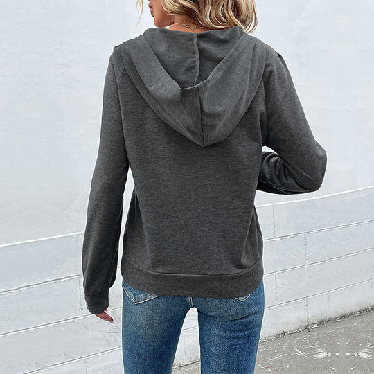 Damen lässiger Kapuzenpullover mit Knopfleiste und Raglanärmeln EB