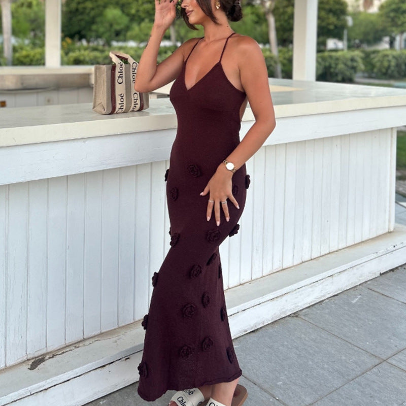 Damen elegantes Häkel-Maxikleid mit floralem Design EB