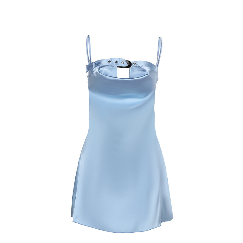 Damen elegantes Satin-Kleid mit verstellbaren Trägern und exklusivem Ausschnitt EB