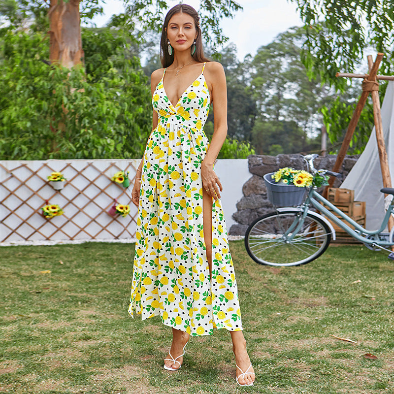 Damen Maxikleid mit tiefem V-Ausschnitt und hohem Beinschlitz EB