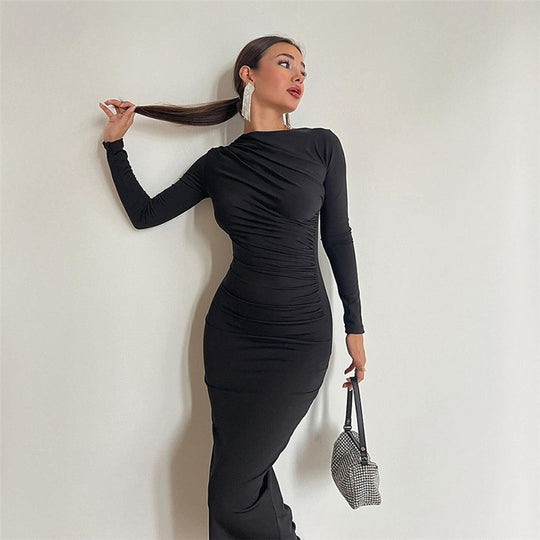 Damen figurbetontes Langarmkleid mit raffiniertem Drapierungseffekt EB