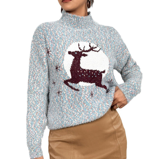 Damen Kuscheliger Rollkragenpullover mit festlichem Rentierdesign EB
