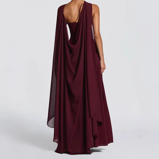 Damen Elegantes Maxikleid mit asymmetrischem Schnitt und fließendem Cape EB