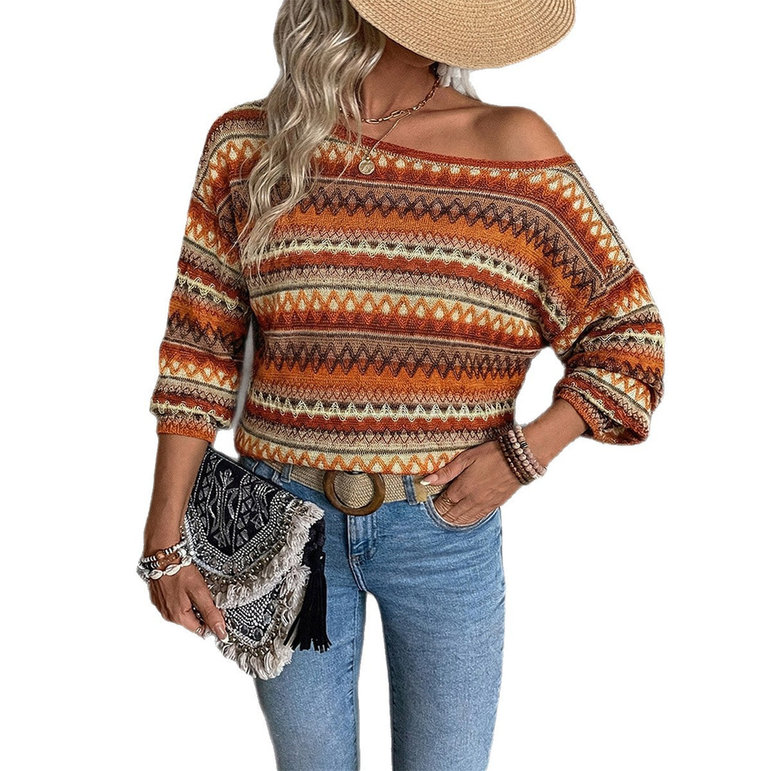 Damen nan Oversize Strickpullover mit asymmetrischem Schulterauschnitt und Norwegermuster EB