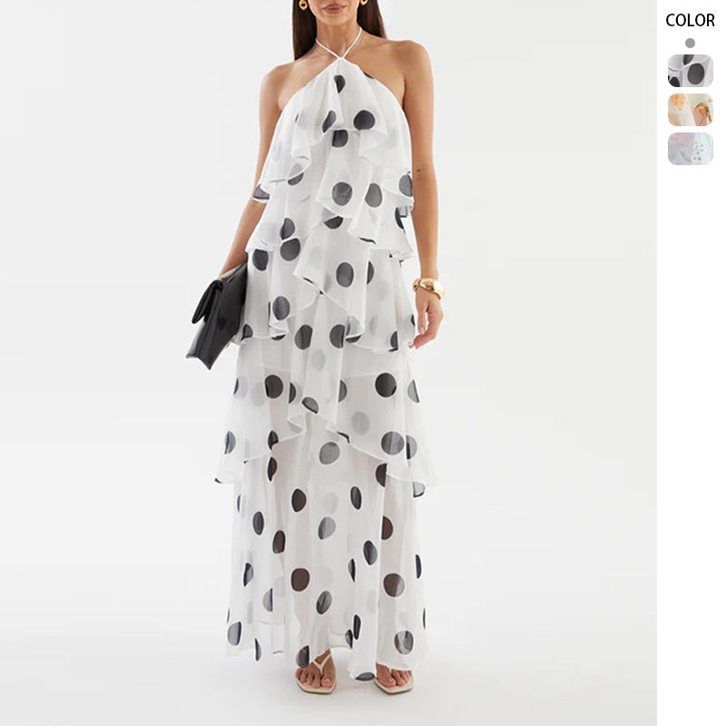 Damen Maxikleid mit schwingenden Volants und modernen Punkten EB