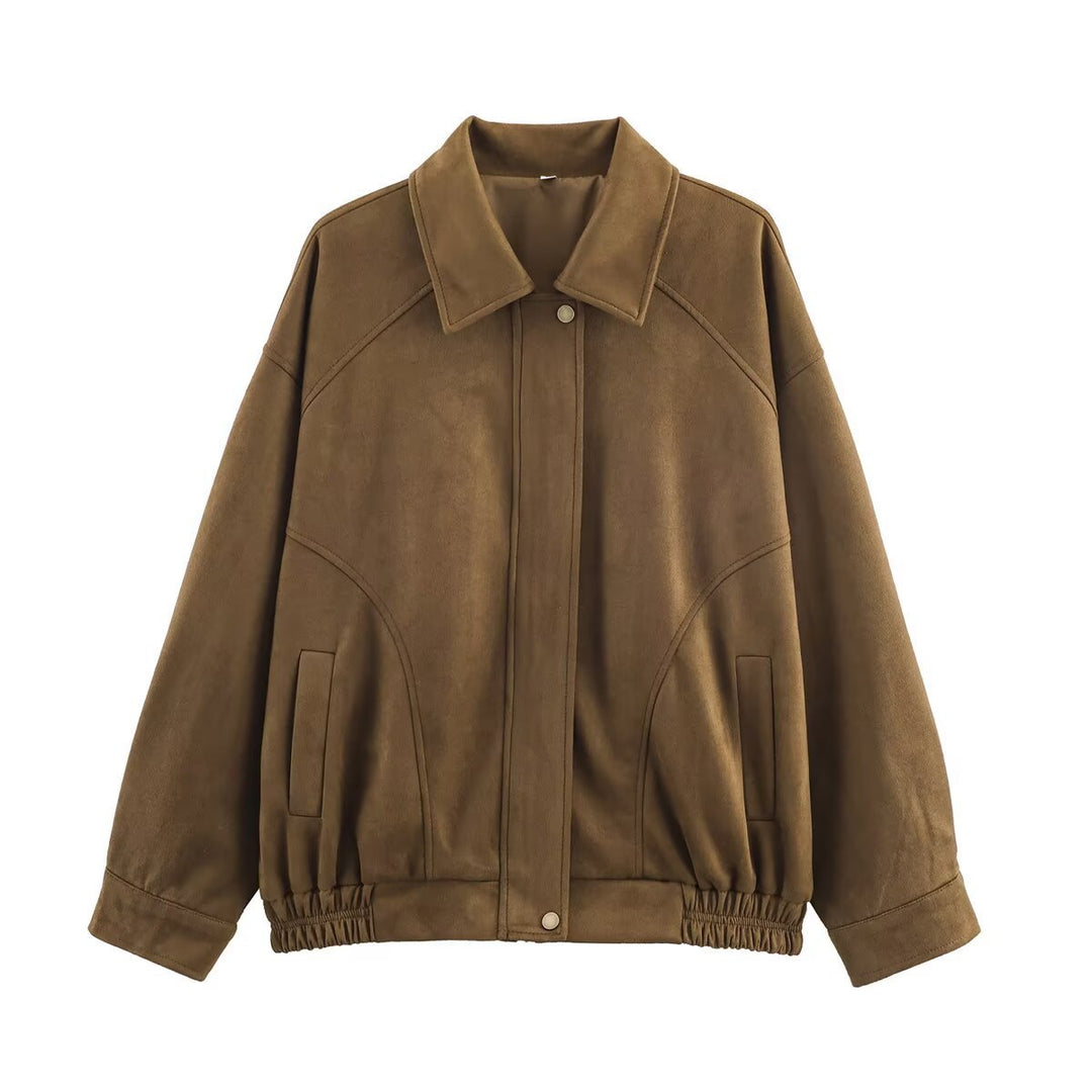 Damen lässige Wildlederjacke mit elastischem Bund und seitlichen Taschen EB