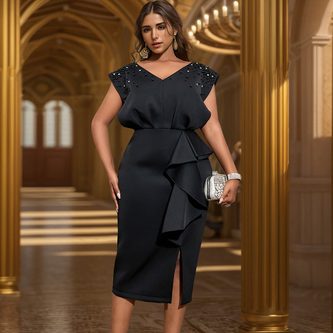 Damen elegantes Wickelkleid mit schimmernden Perlen und asymmetrischem Rüschensaum EB