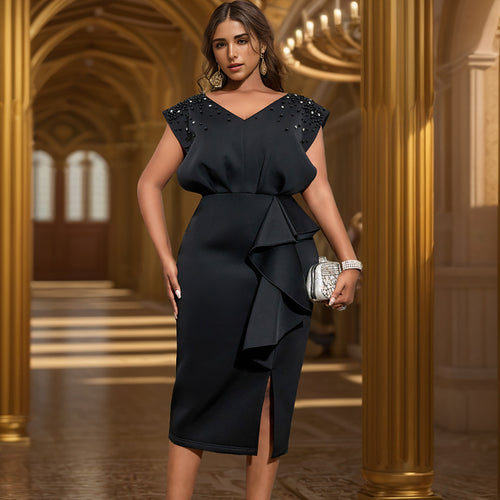 Damen elegantes Wickelkleid mit schimmernden Perlen und asymmetrischem Rüschensaum EB