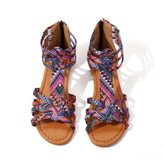 Damen Boho-Sandalen mit verstellbaren Knöchelriemen und Ethno‑Print EB