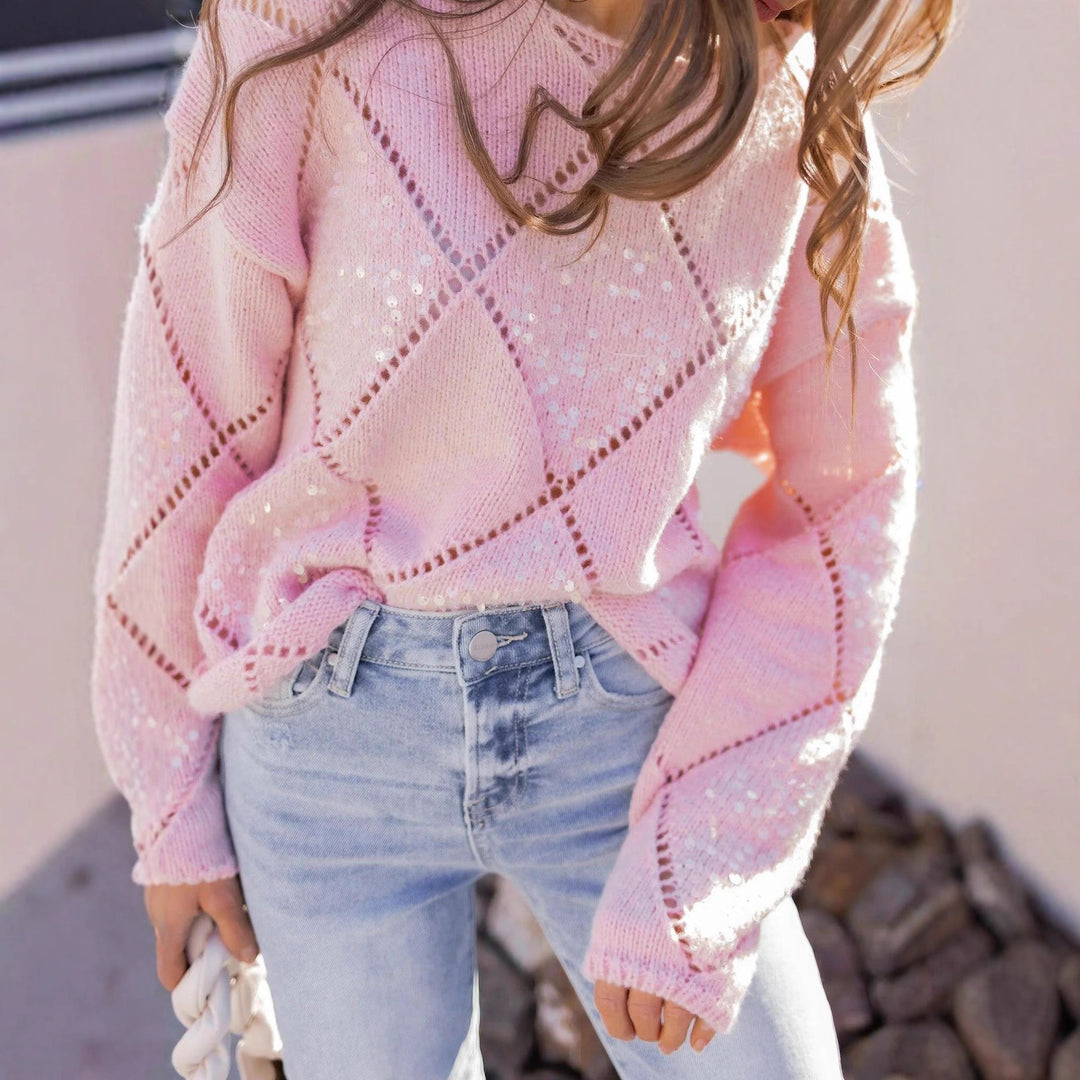 Damen Grobgestrickter Oversize-Pullover mit Ajour‑Rautenmuster und Pailletten EB