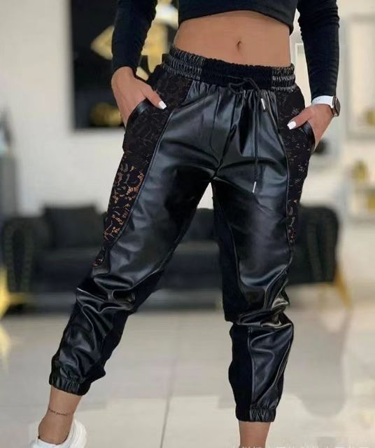 Damen Trendige Kunstleder Jogginghose mit Spitzenbesatz EB