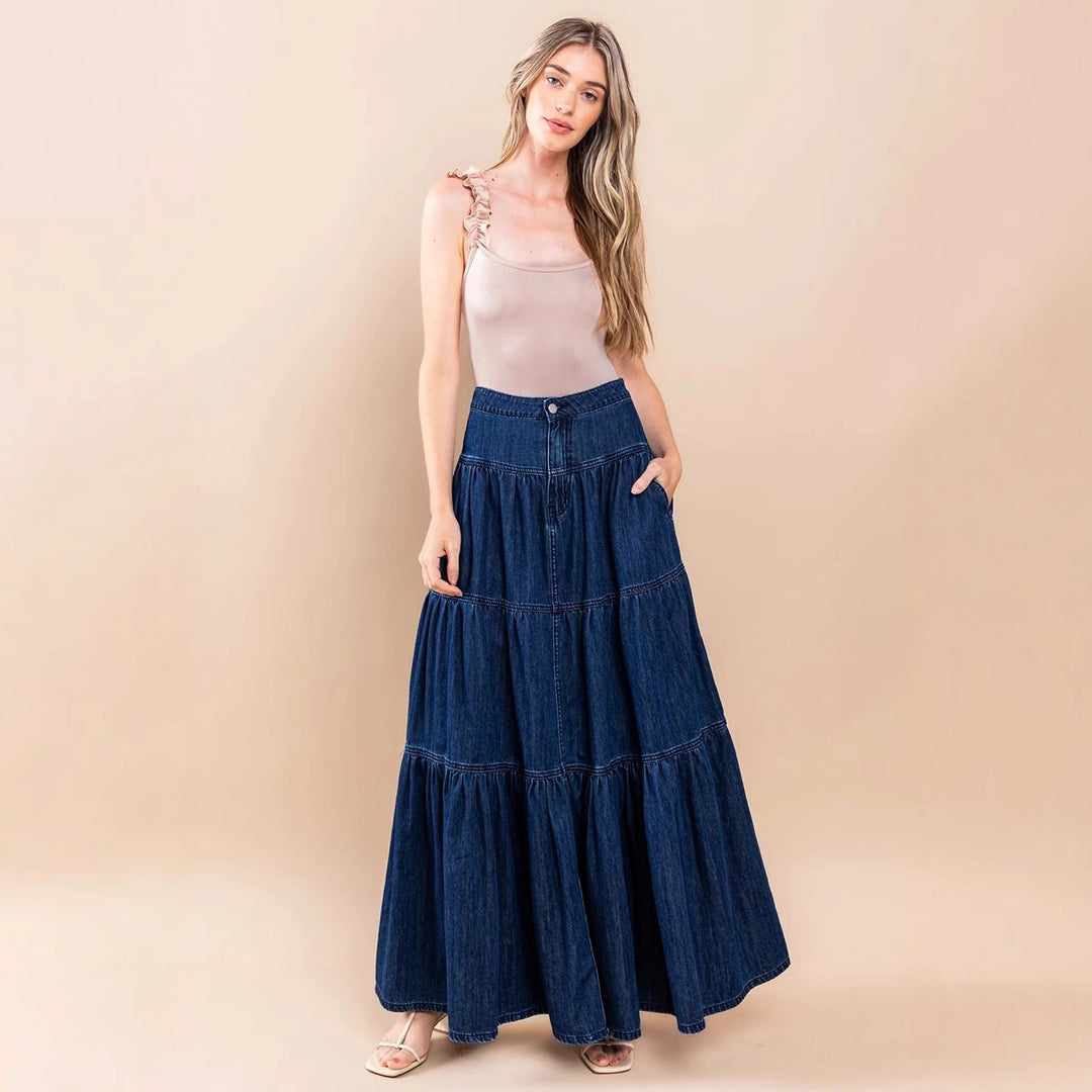 Damen Denim Maxikleid im Boho-Stil mit voluminösem Rock und Rüschen EB
