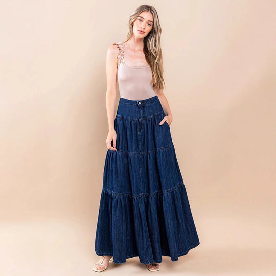 Damen Denim Maxikleid im Boho-Stil mit voluminösem Rock und Rüschen EB