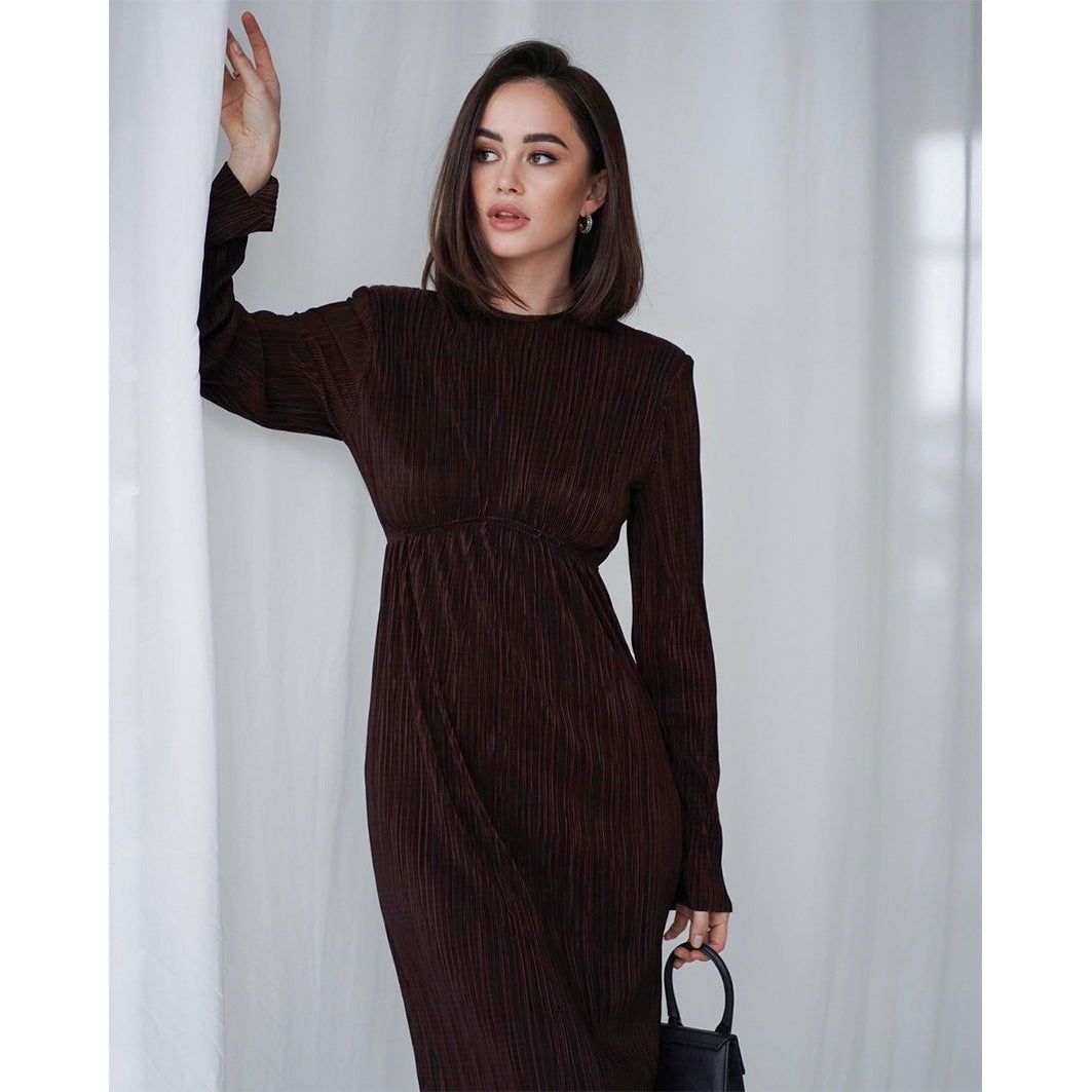 Damen Elegantes Maxikleid mit strukturierten Falten und langen Ärmeln EB