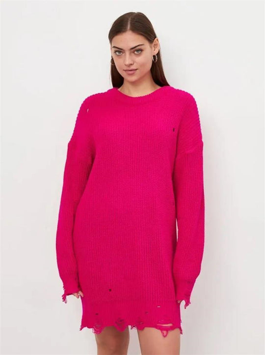Damen Oversized Strickpullover mit einzigartigem Lochmuster und Rippenstruktur EB