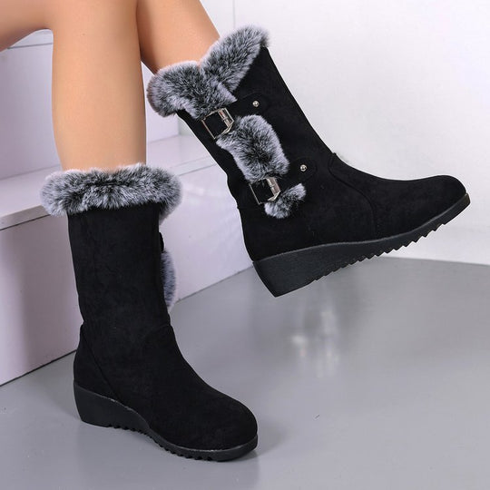 Damen Wedge-Stiefel mit gefüttertem Kunstfellkragen und verstellbaren Schnallen EB
