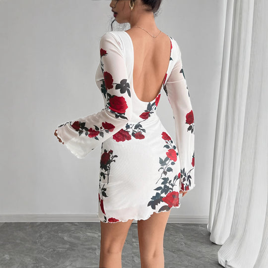 Damen Floral Minikleid mit langen Ärmeln EB