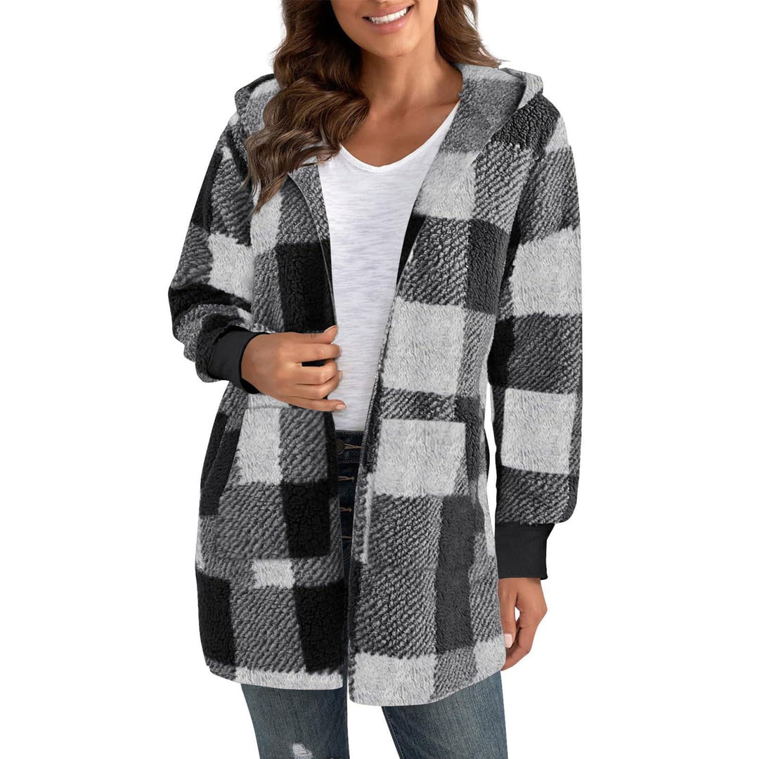 Damen Fleecejacke mit Karomuster und Kapuze EB