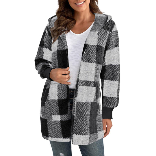 Damen Fleecejacke mit Karomuster und Kapuze EB