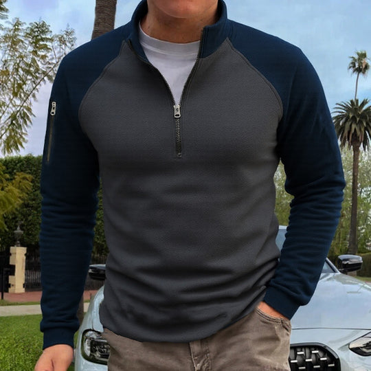 Herren nan slimfit Halbzip-Pullover mit Raglanärmeln, Waffelstruktur und Ärmeltasche EB