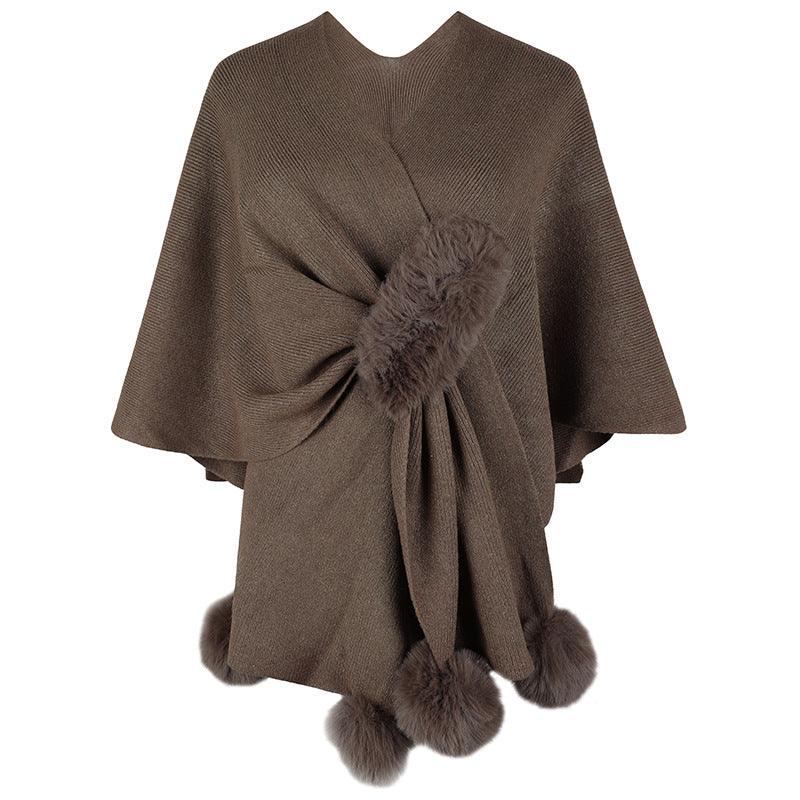 Damen eleganter Poncho mit luxuriösem Kunstfellbesatz EB