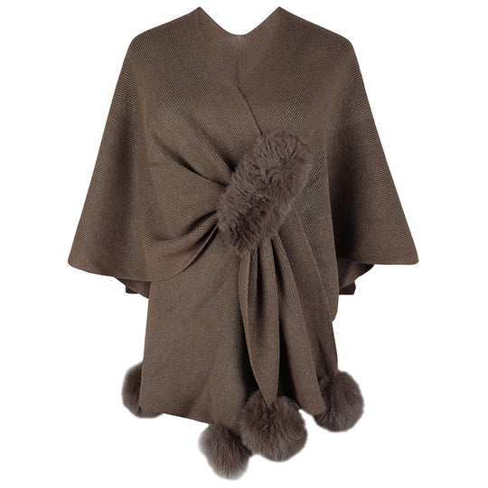 Damen eleganter Poncho mit luxuriösem Kunstfellbesatz EB