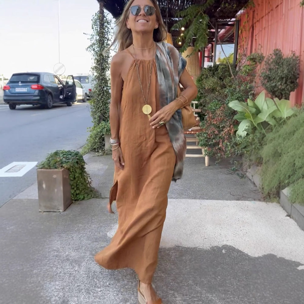 Damen Langes Leinenkleid mit schulterfreier Trägerkonstruktion und flirtendem Schlitz EB