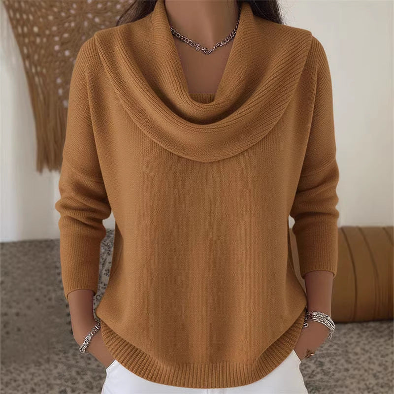 Damen nan fein gestrickter Pullover mit Wasserfallkragen und geripptem Saum EB