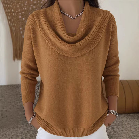 Damen nan fein gestrickter Pullover mit Wasserfallkragen und geripptem Saum EB
