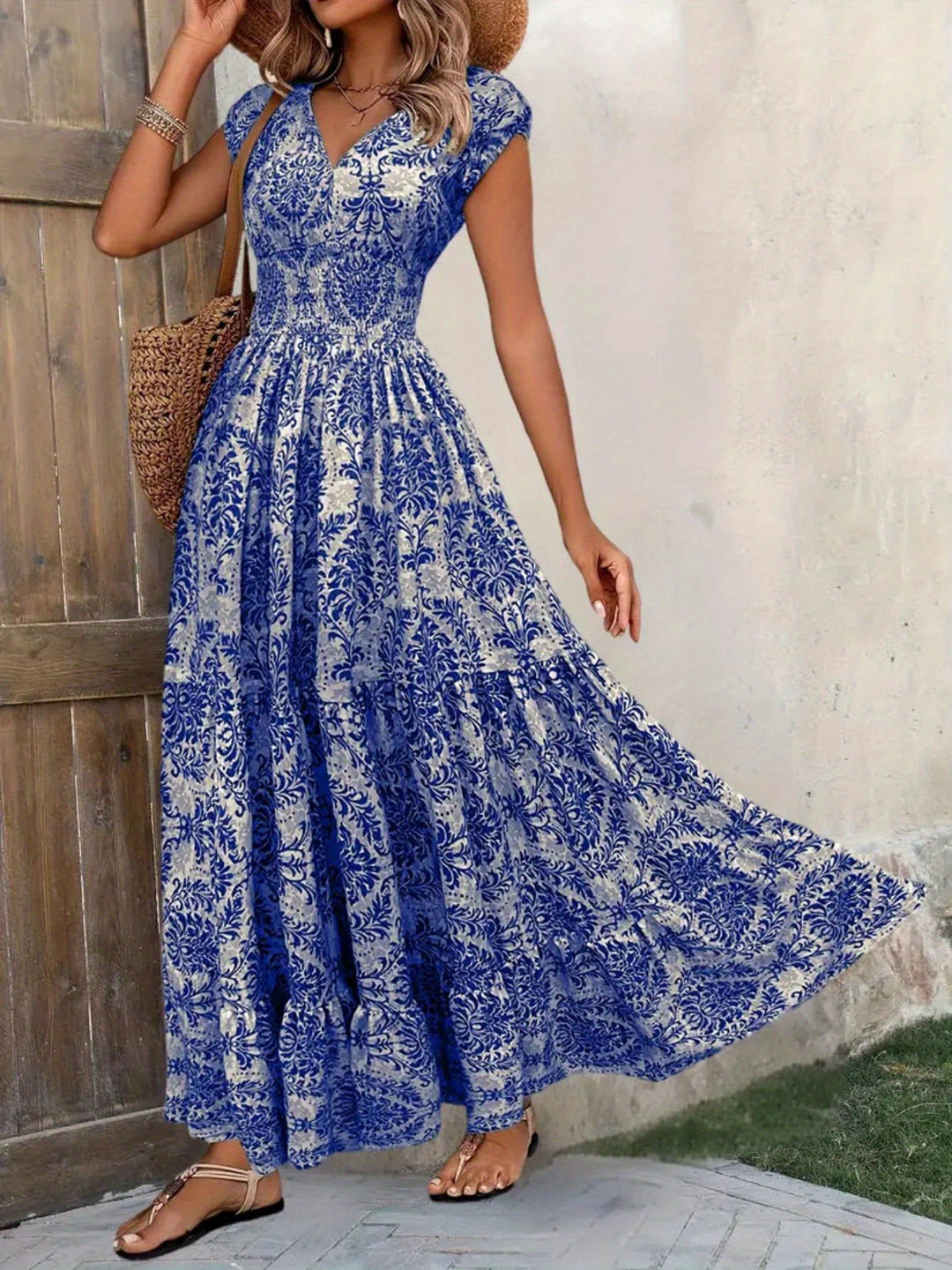 Damen Maxikleid mit romantischem Vintage-Muster und fließendem Schnitt EB