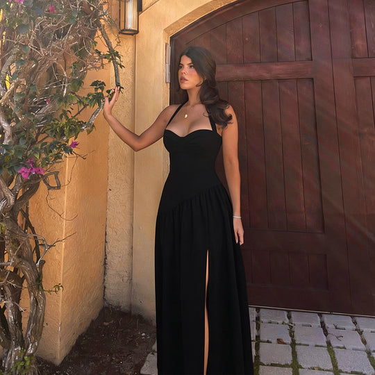 Damen schulterfreies Maxikleid mit raffiniertem Halterneck und fließendem Rock EB