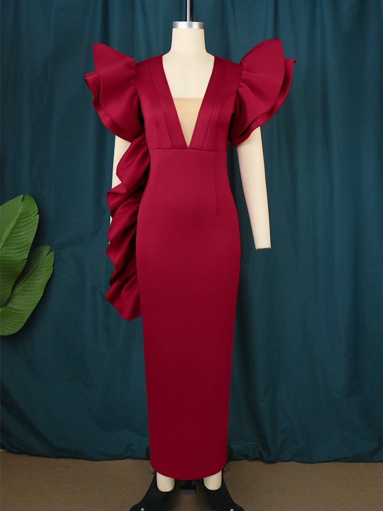 Damen figurumspielendes Abendkleid mit voluminösen Rüschenärmeln EB
