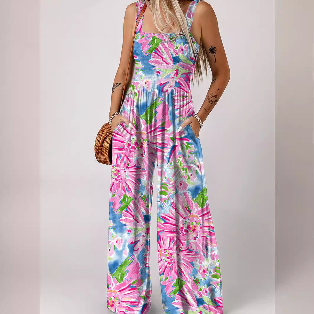 Damen luftiger Blumendruck Jumpsuit im Maxiformat mit praktischen Taschen EB