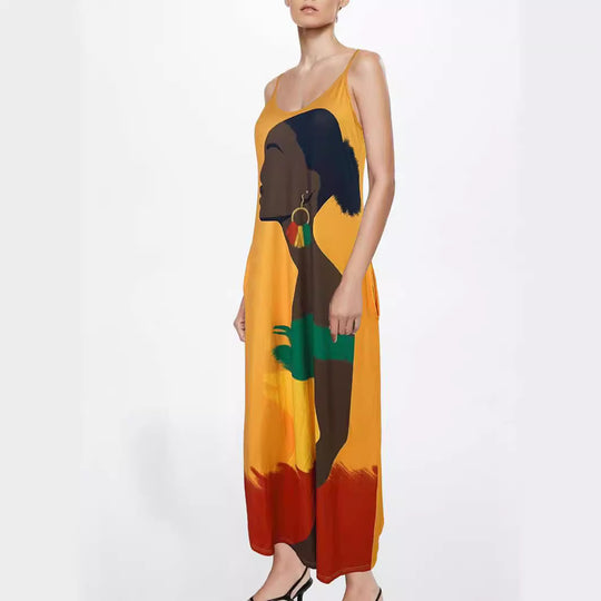 Damen Maxikleid mit künstlerischem Grafikdruck und tiefem V-Ausschnitt EB