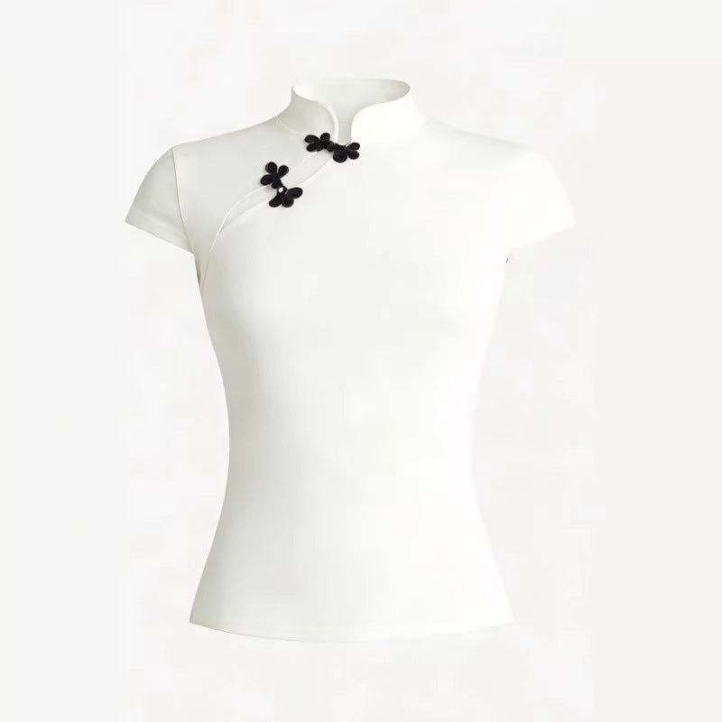 Damen Chinesisch inspirierte Bluse mit modernem Stehkragen und floralen Details EB
