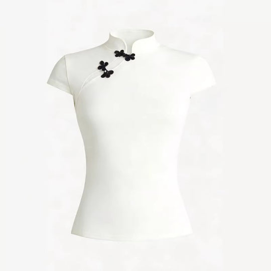 Damen Chinesisch inspirierte Bluse mit modernem Stehkragen und floralen Details EB