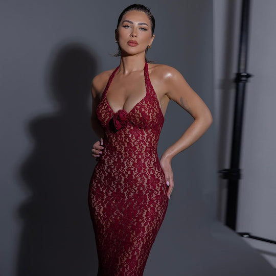 Damen Elegantes Spitzenkleid mit Langärmeln und Blumenapplikationen EB