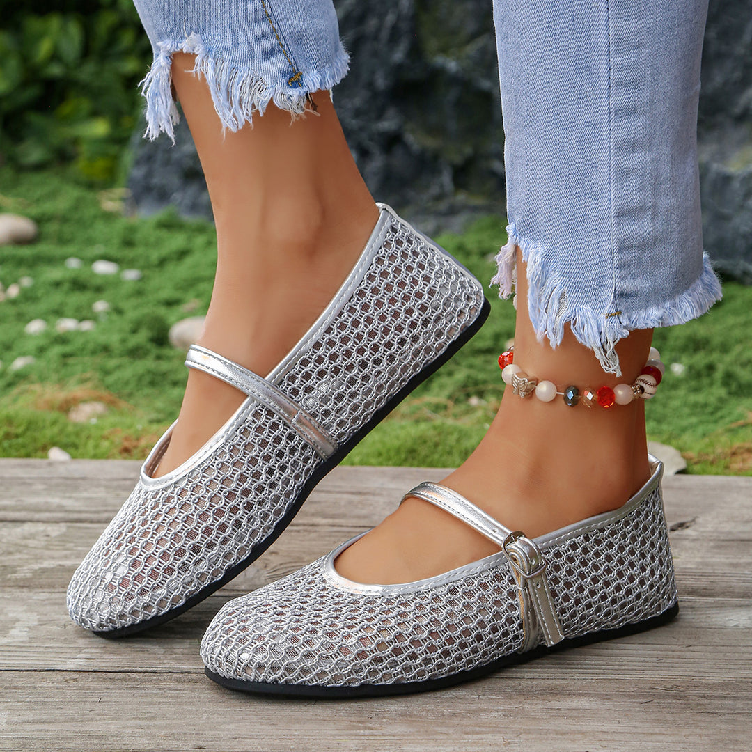 Damen Elegante Ballerinas mit modischem Netzdesign und dekorativer Schnallen-Applikation EB