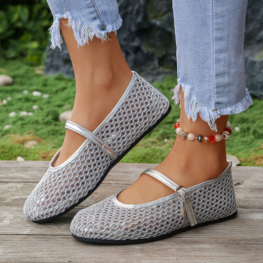 Damen Elegante Ballerinas mit modischem Netzdesign und dekorativer Schnallen-Applikation EB