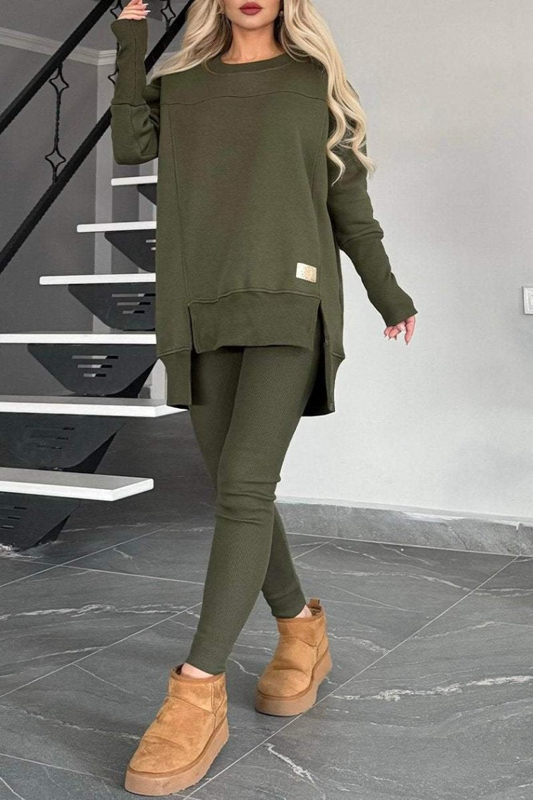 Damen Lässiges Langarm Sweatshirt-Set mit asymmetrischem Schnitt und praktischen Taschen EB